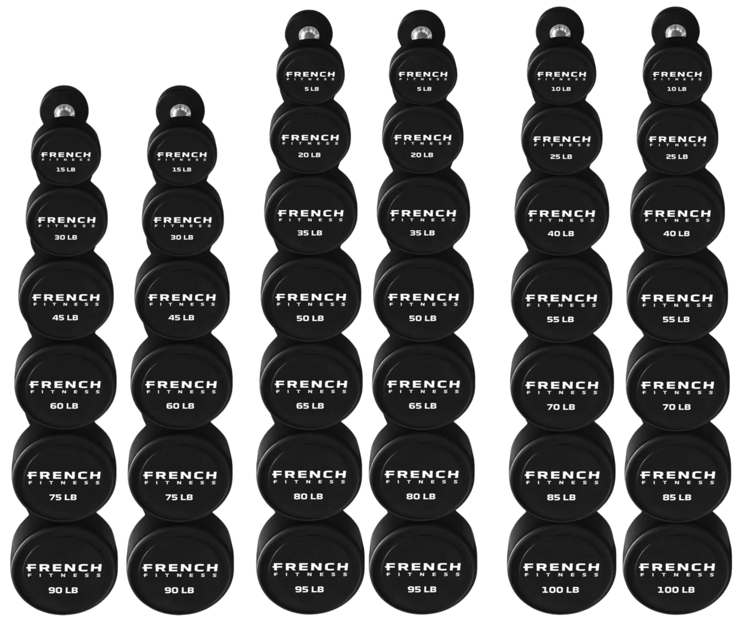 French Fitness Urethane Round Pro Style Dumbbell V2 Set, 5-100 lbs (New)