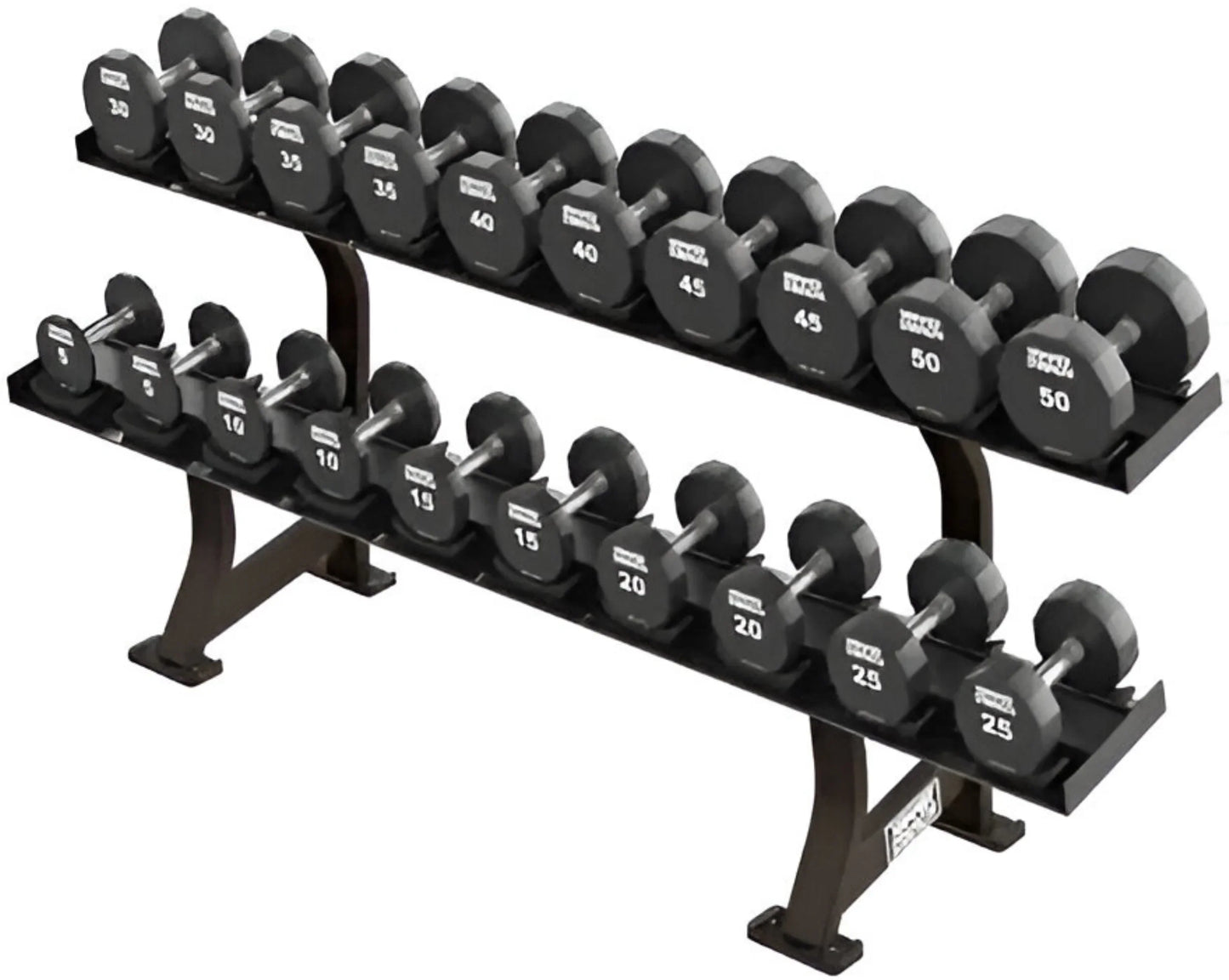 Hammer Strength Round Rubber Dumbbell Set 5-50 lbs w/2-Tier Rack