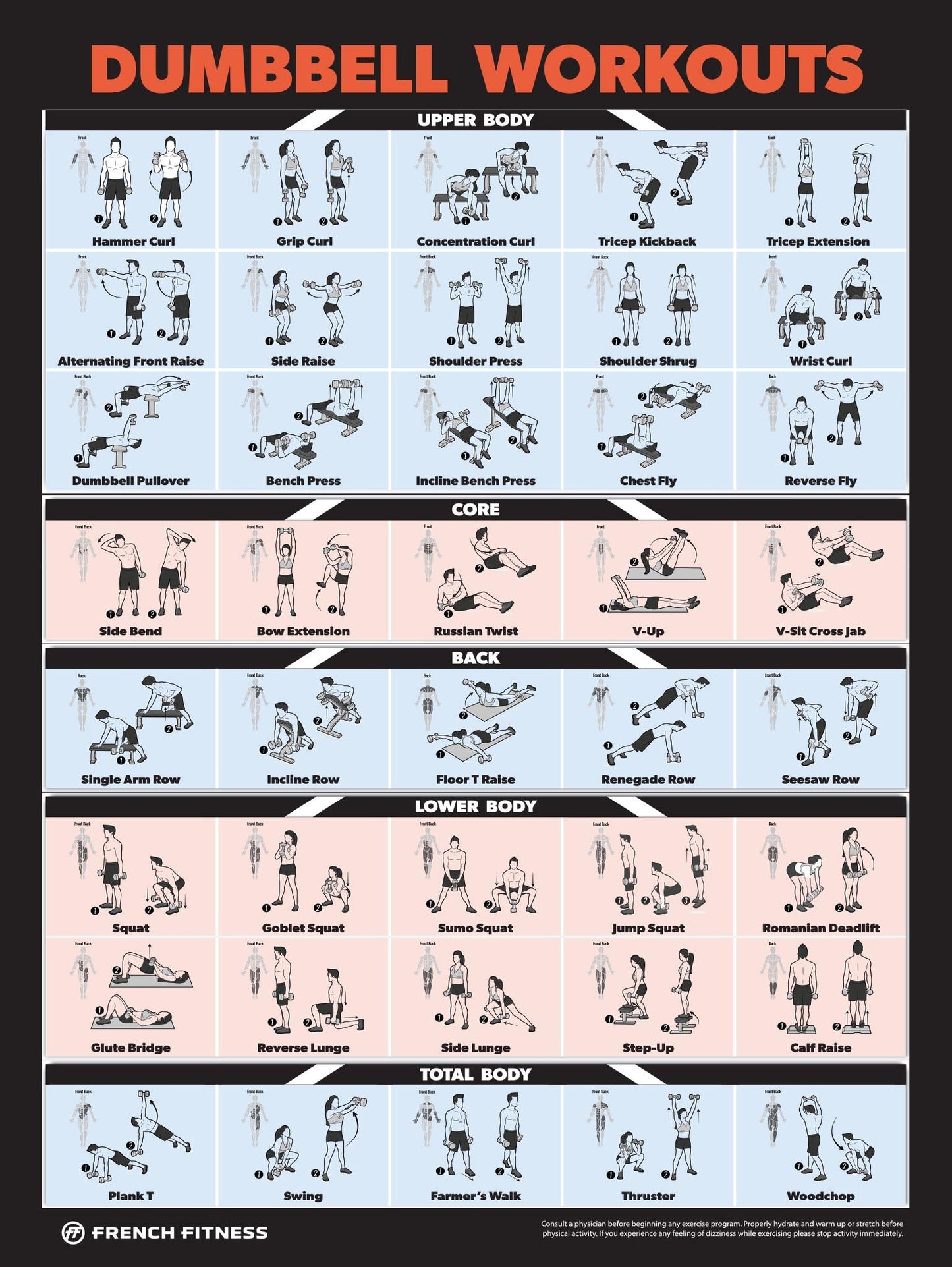 French Fitness Dumbbell Workout Training Charts / Posters (New)