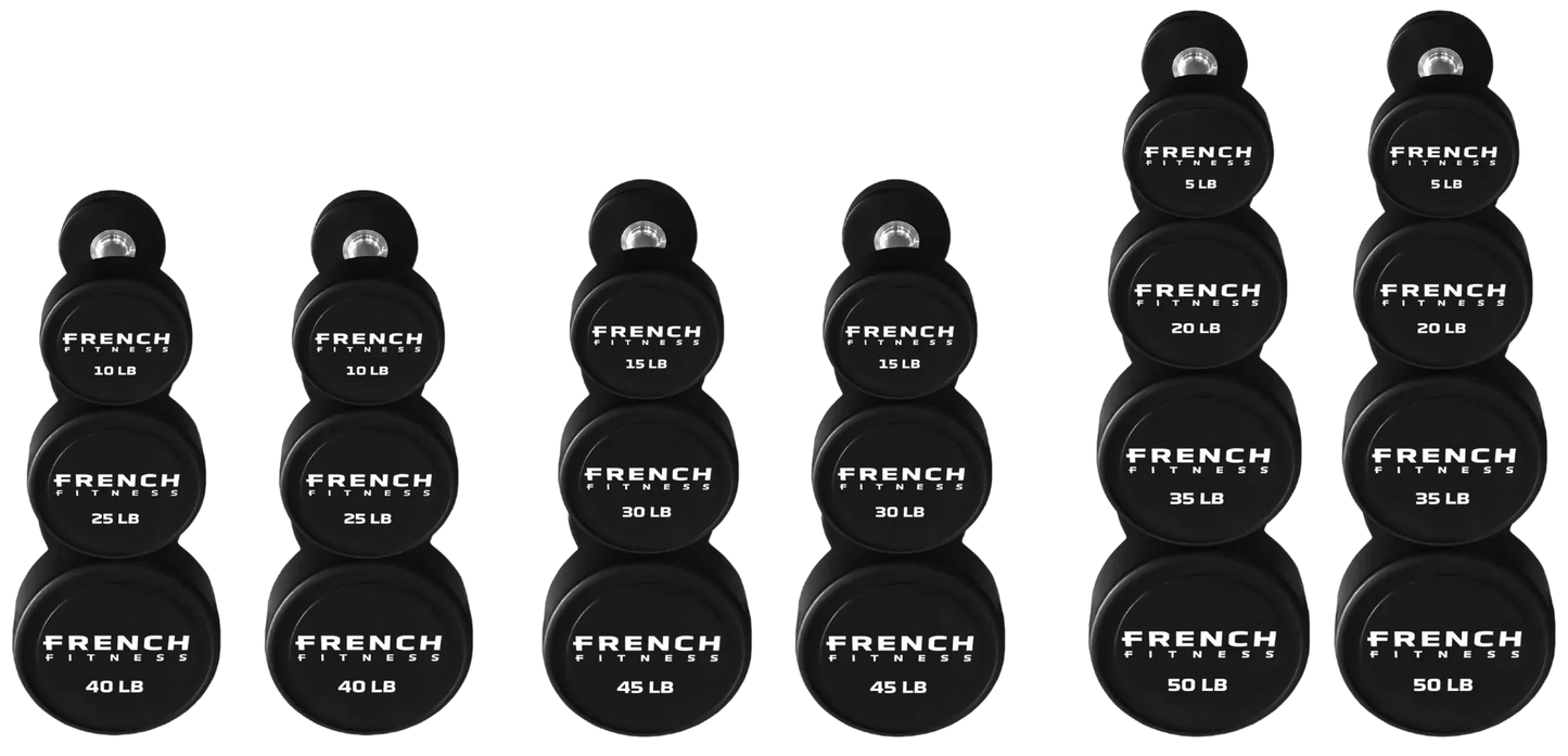 French Fitness Urethane Round Pro Style Dumbbell V2 Set, 5-50 lbs (New)