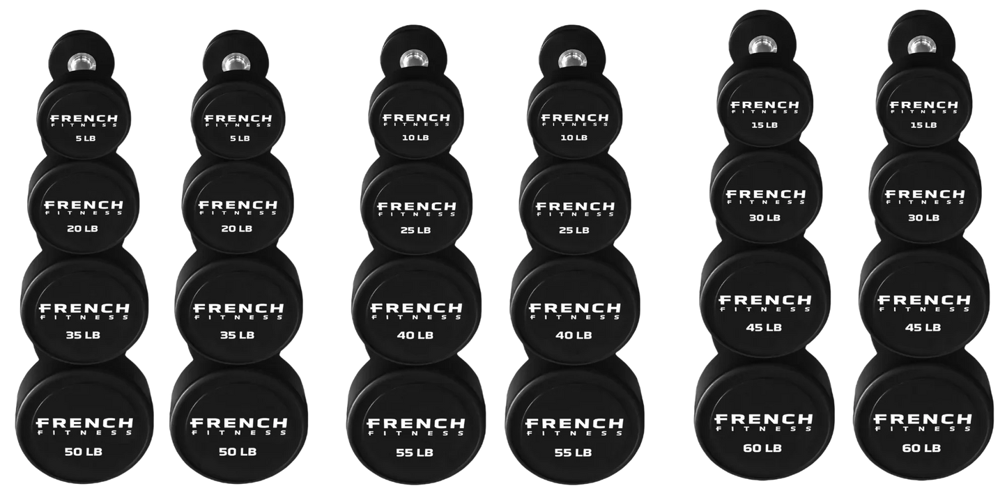 French Fitness Urethane Round Pro Style Dumbbell V2 Set, 5-60 lbs (New)