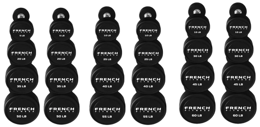 French Fitness Urethane Round Pro Style Dumbbell V2 Set, 5-60 lbs (New)