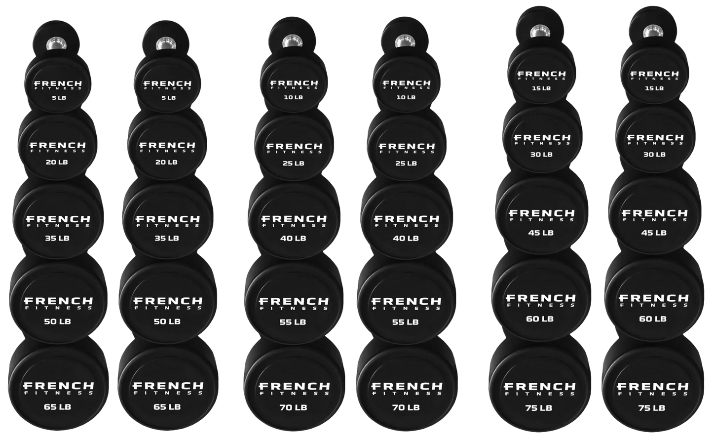French Fitness Urethane Round Pro Style Dumbbell V2 Set, 5-75 lbs (New)
