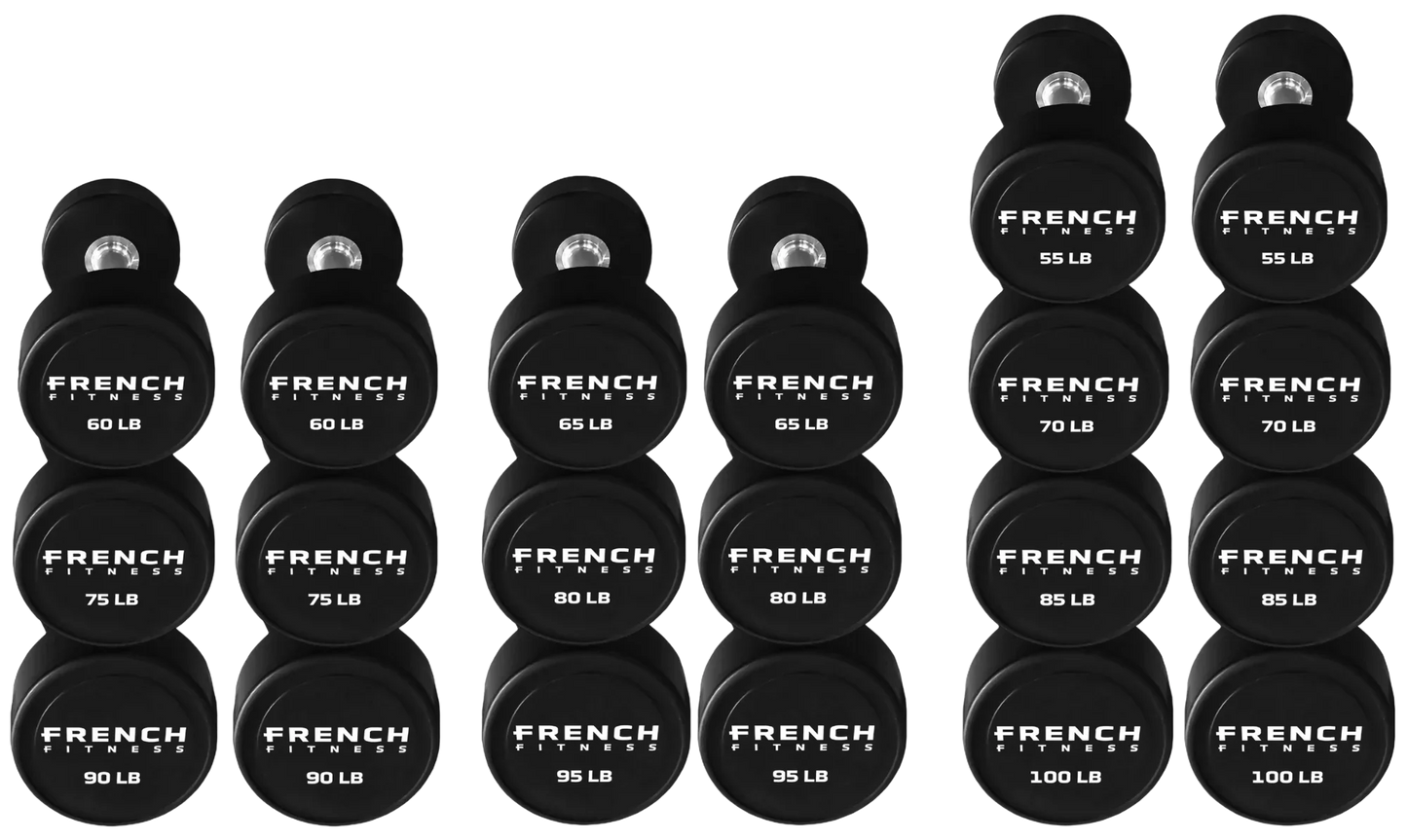 French Fitness Urethane Round Pro Style Dumbbell V2 Set, 55-100 lbs (New)