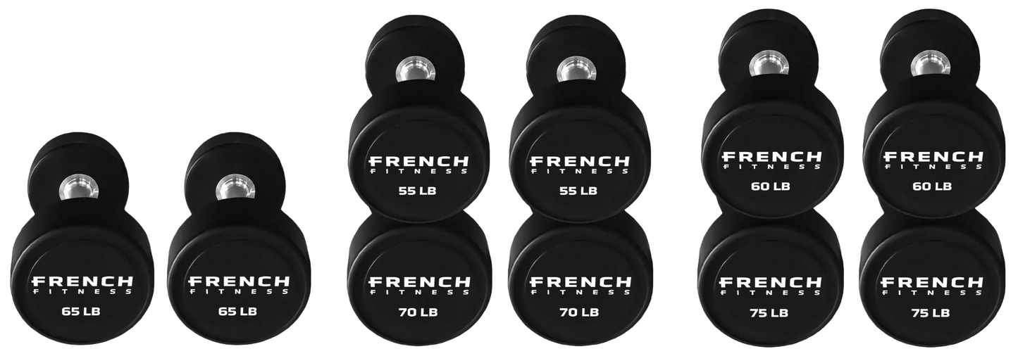 French Fitness Urethane Round Pro Style Dumbbell V2 Set, 55-75 lbs (New)