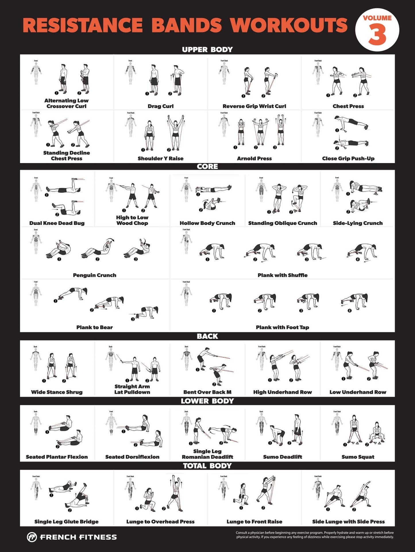French Fitness Resistance Band Workout Training Charts / Posters (New)