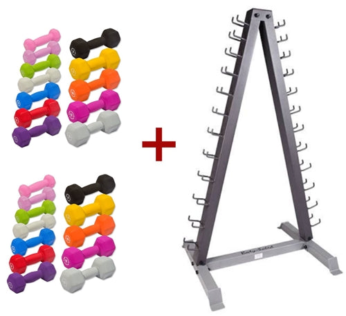 Body-Solid GDR24-NPACK 12 Pairs Neoprene Dumbbells 1-15 lbs w/Rack (New)